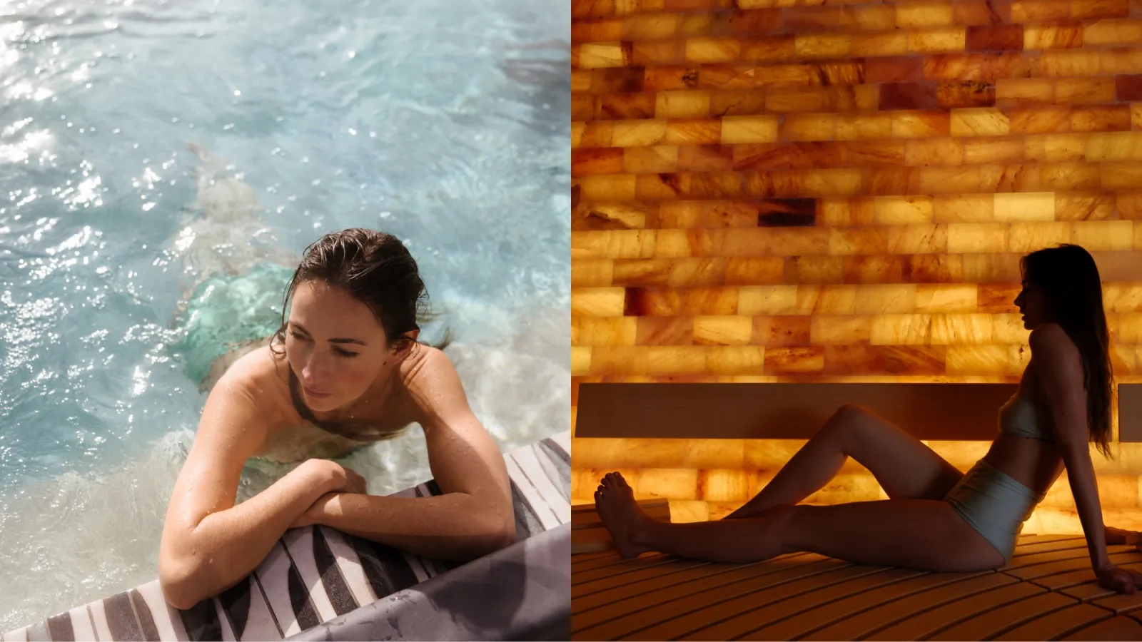 Woman in pool, another sitting in sauna.