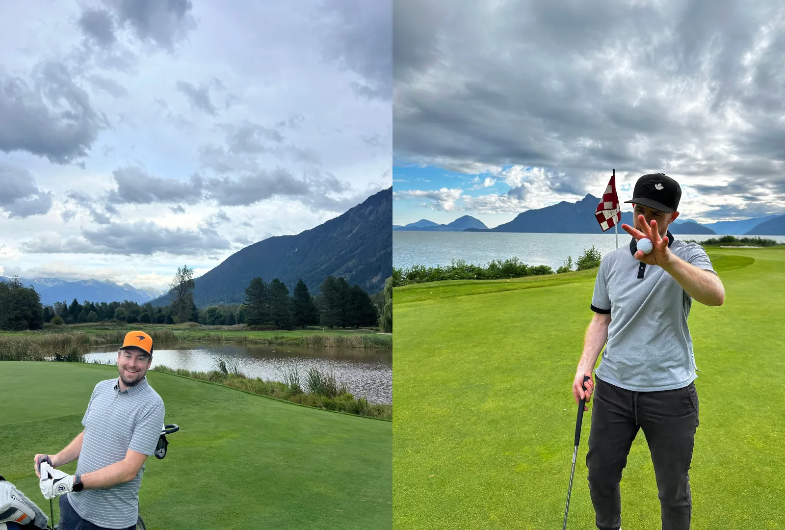 Man golfing with mountains and cloudy sky in the background.