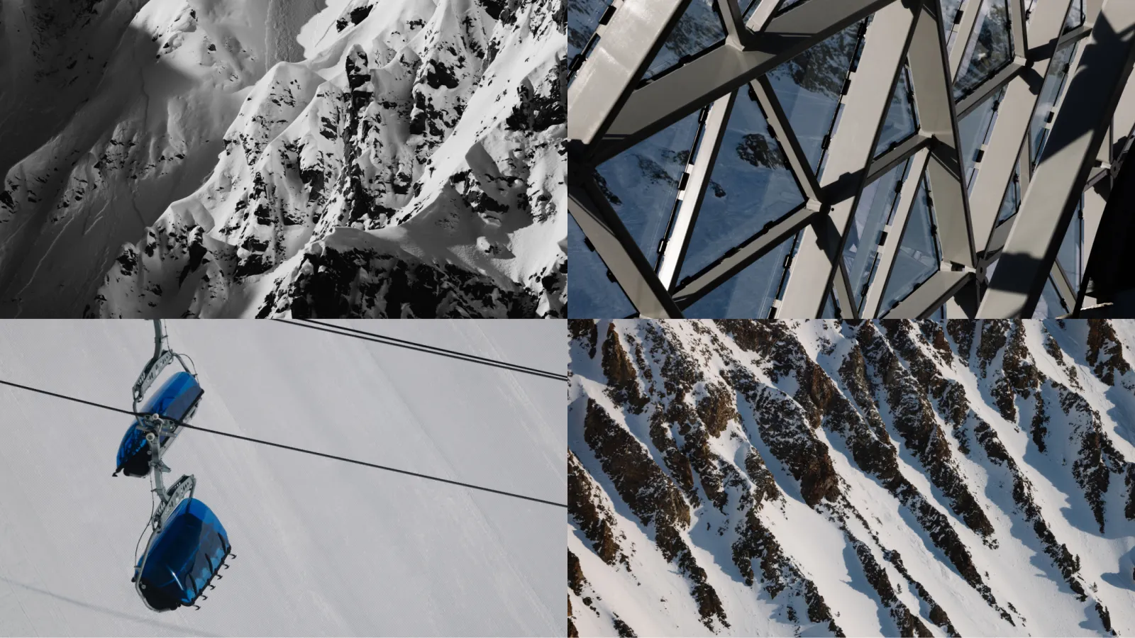 Snowy mountain slopes and blue ski gondolas against a geometric modern building facade.