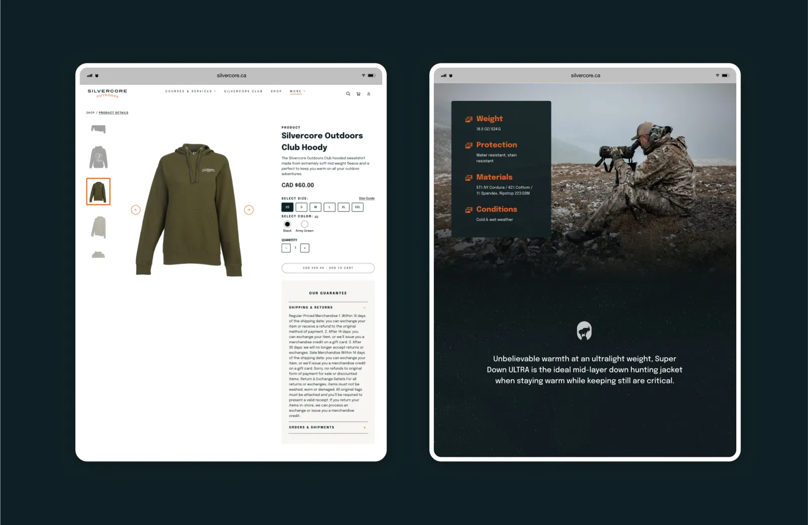 Two tablet mockups of the Silvercore website