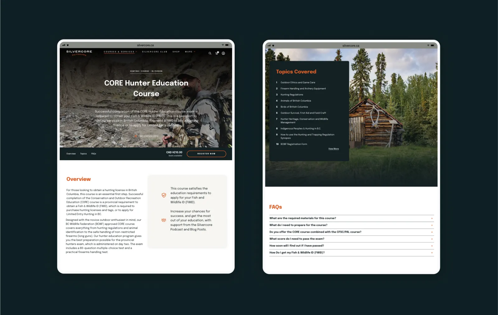 Two tablet mockups of the Silvercore website