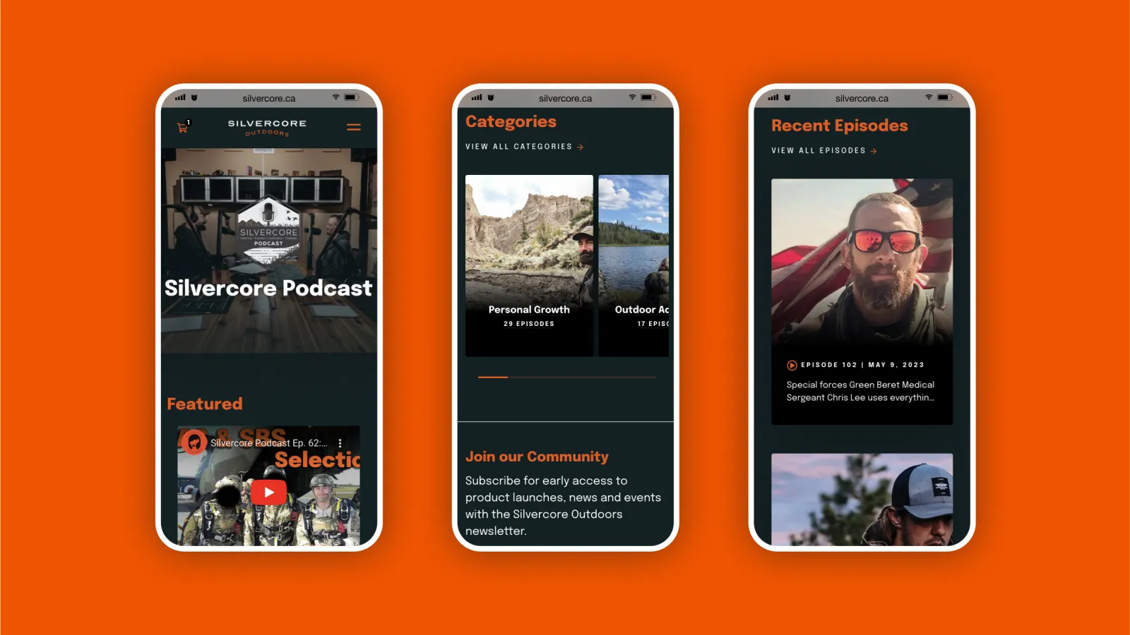 Three mobile mockups of the Silvercore website