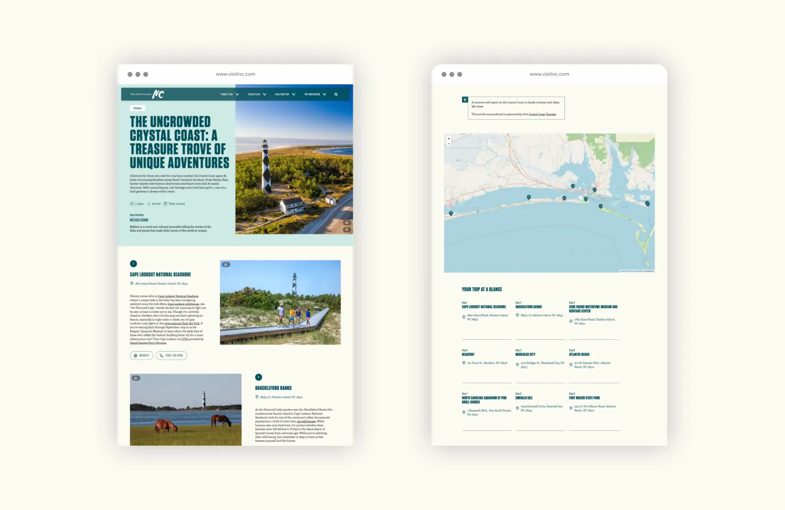 Web page layout with text, photos of landscapes, and a coastal map.
