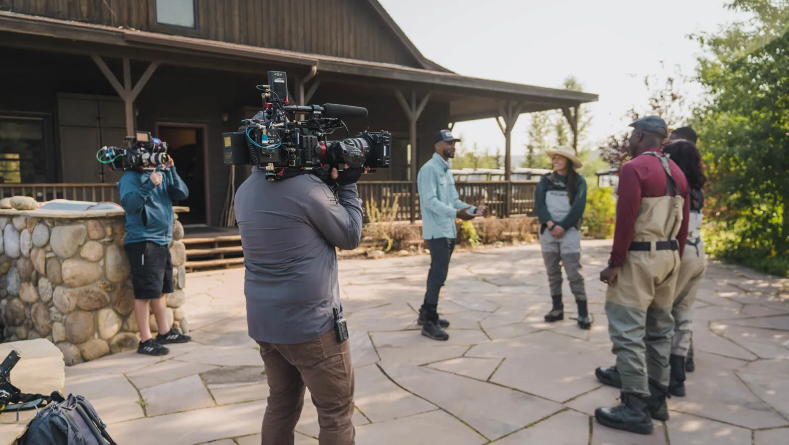 Group of people getting interviewed with cameras