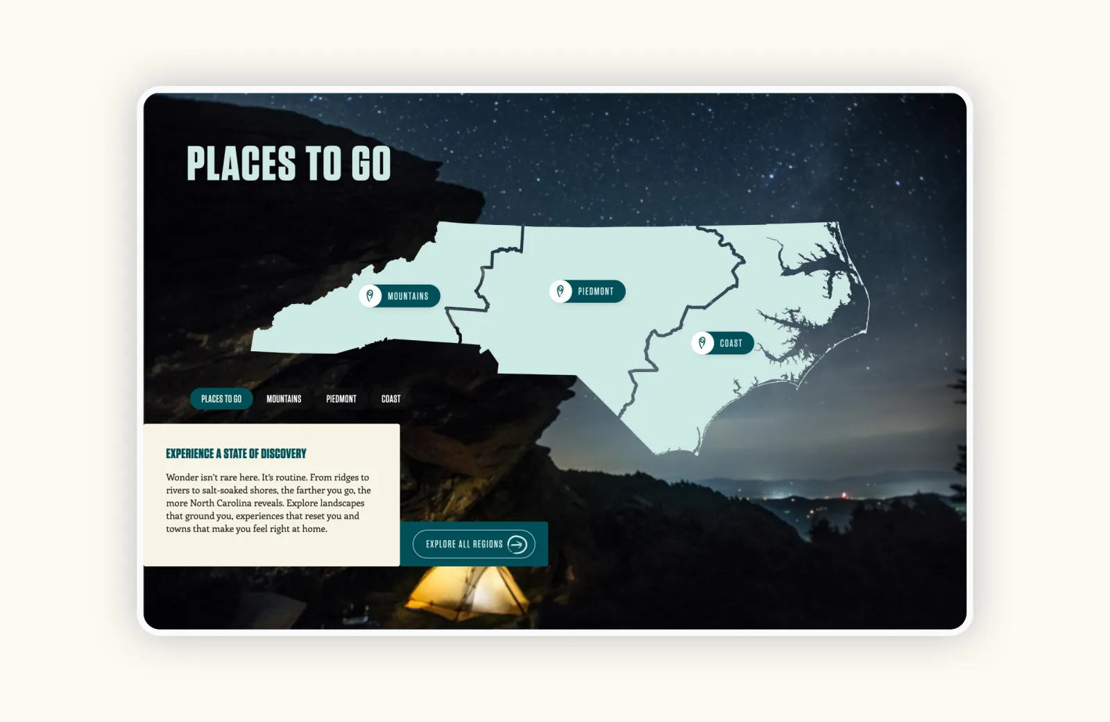 Map of North Carolina with location markers, night sky background.
