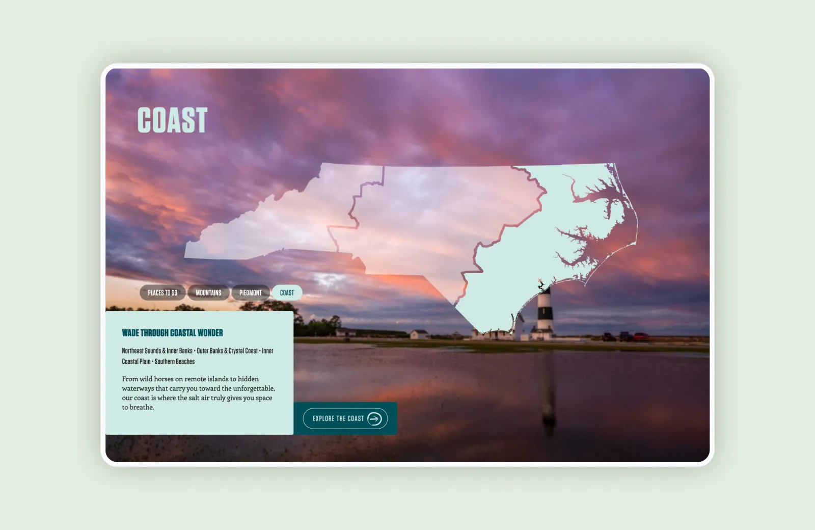 Map of North Carolina coast with a lighthouse and pink sky background.