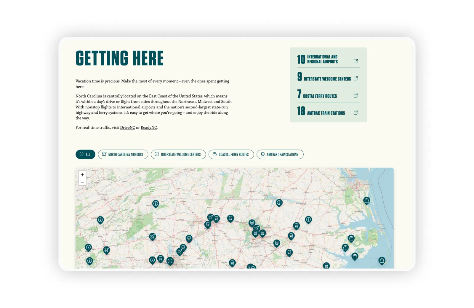 Map with scattered teal markers, text boxes, and navigation items on the side.