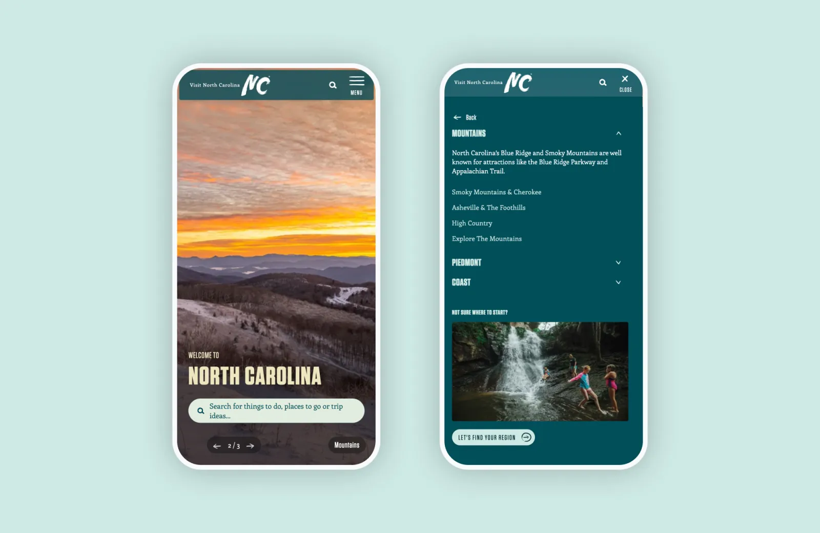 Two mobile screens; one shows a sunset, the other a waterfall scene.