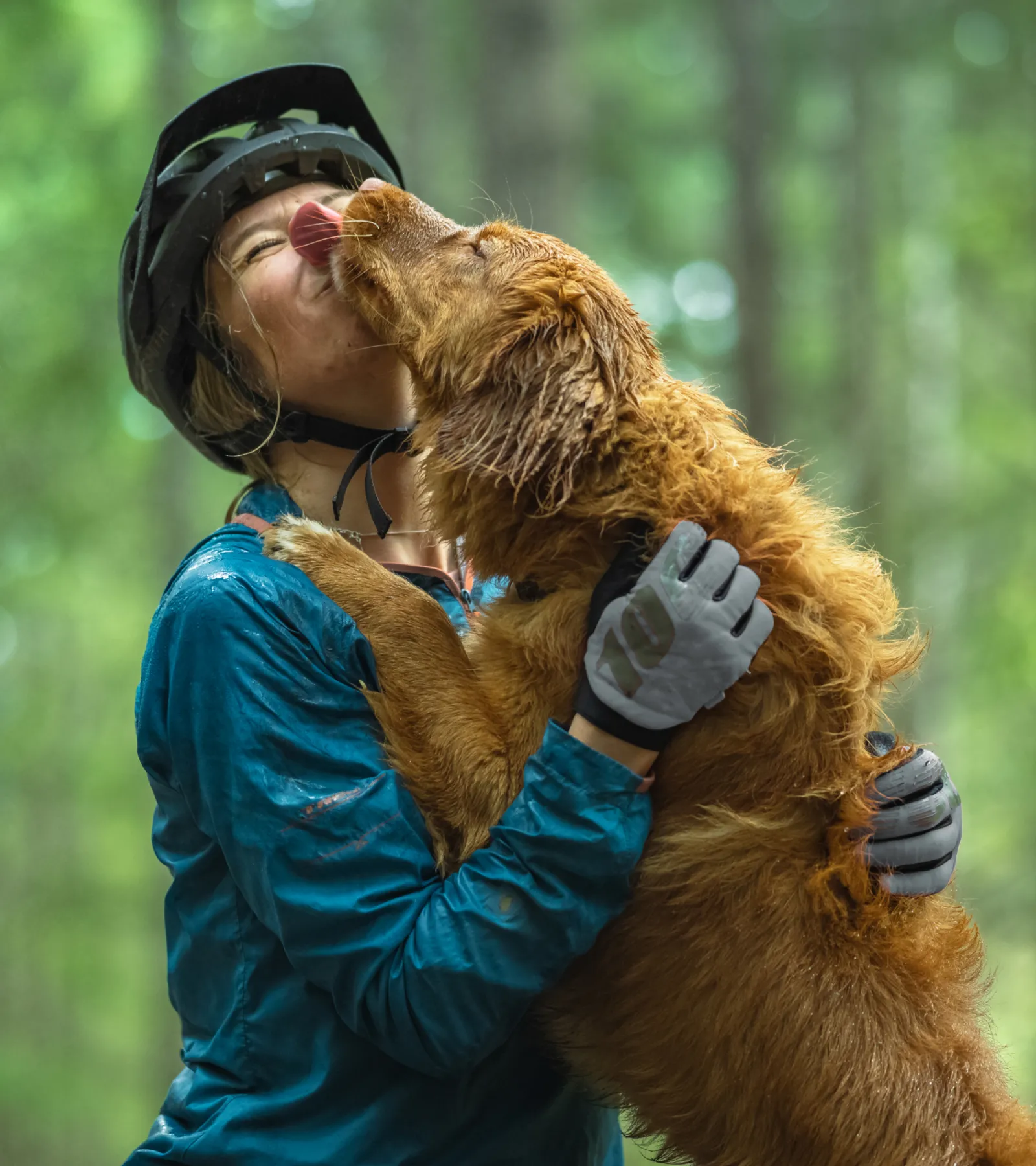 A dock licking a woman's face in the rain