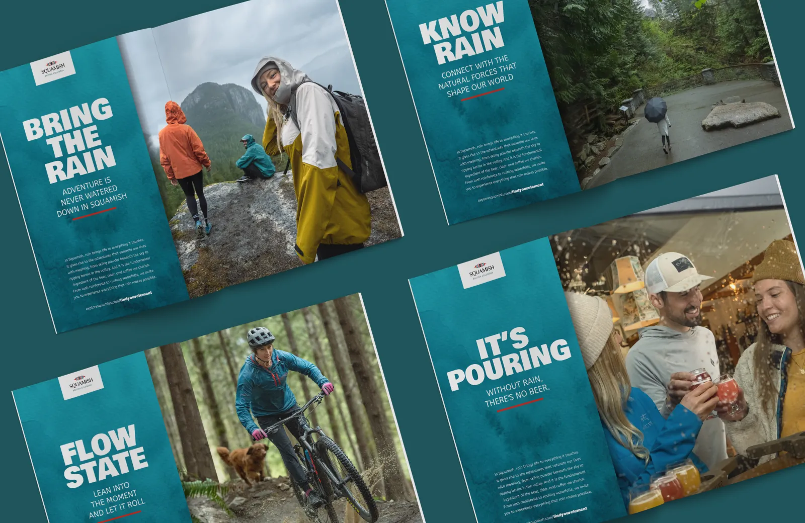 Four magazine mockups showing Tourism Squamish ads