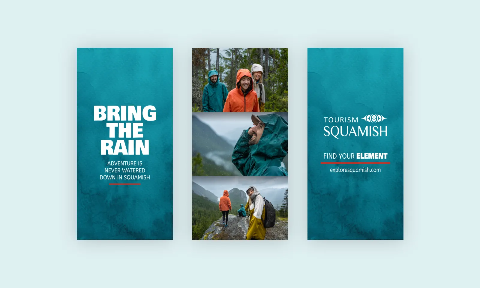 Three social media story mockups showing Tourism Squamish content