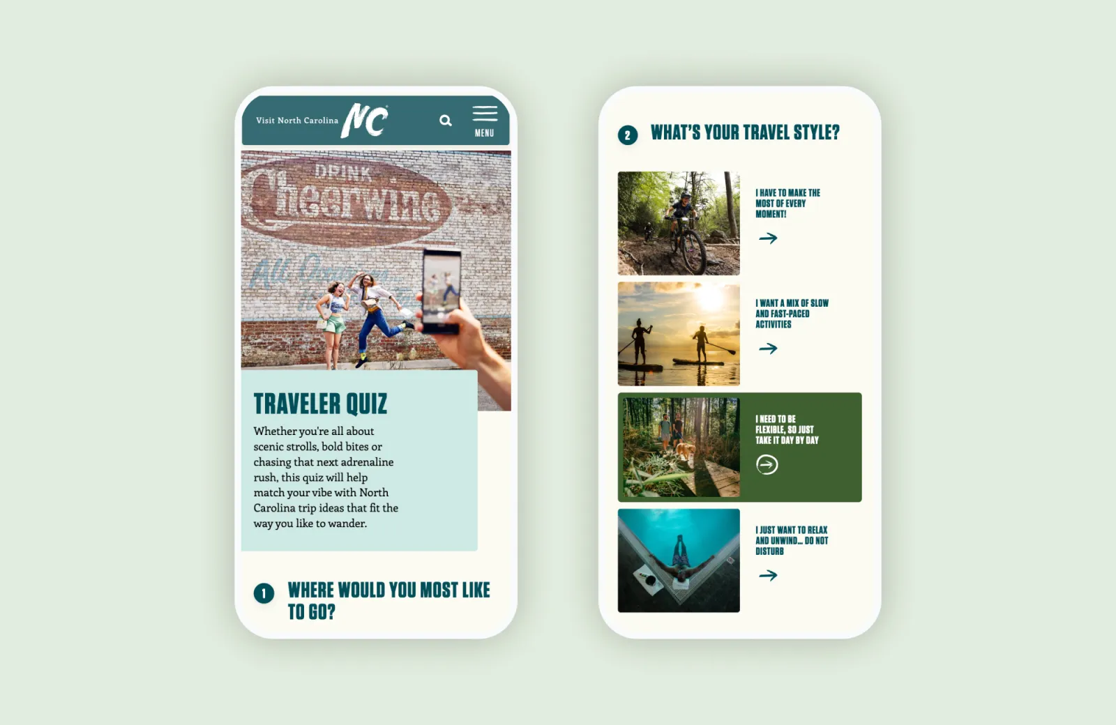 Travel app interface with quizzes and scenic photos displayed on two phone screens.