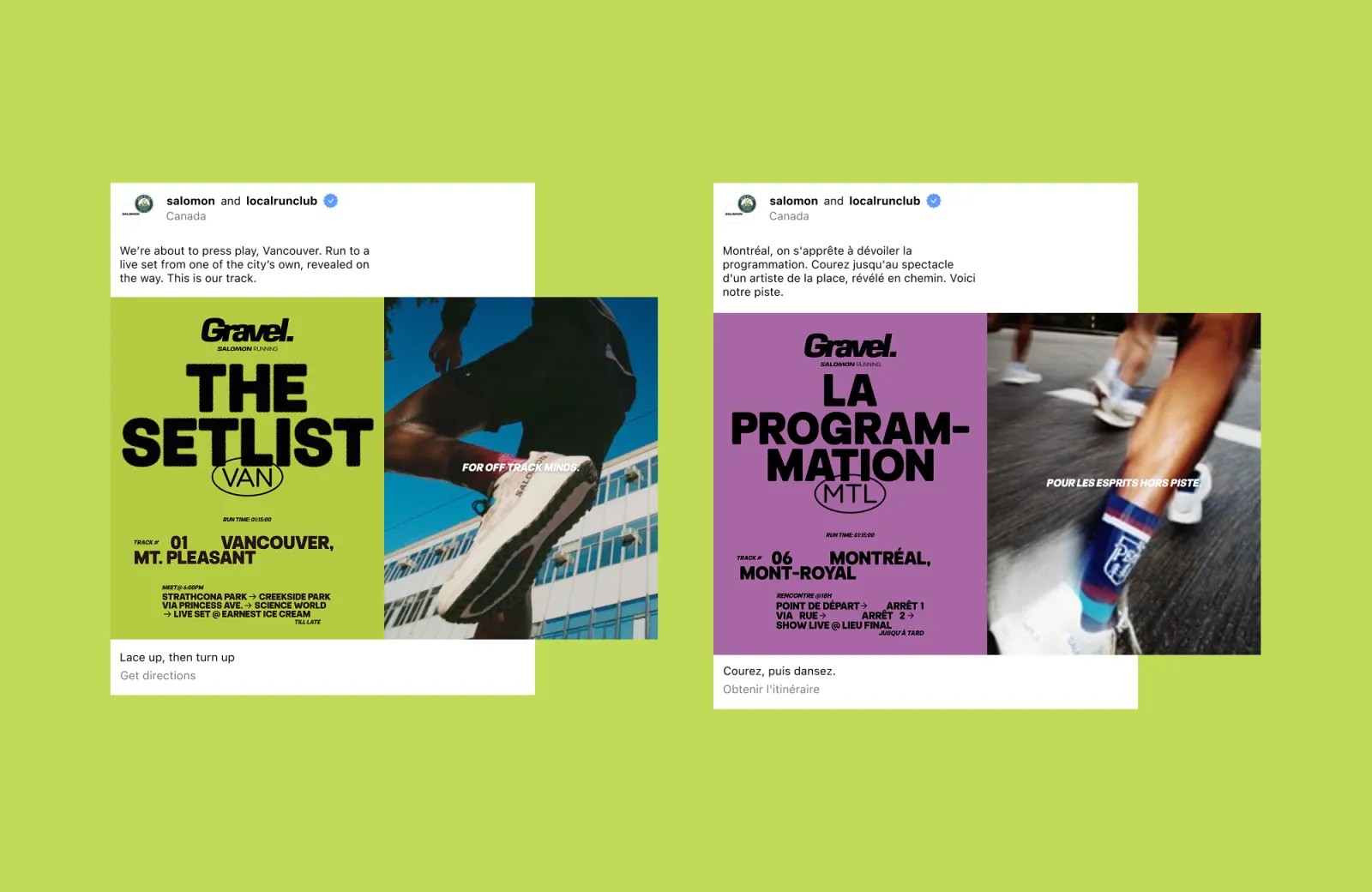 Two posters with bold text and photos of running shoes on a green background.