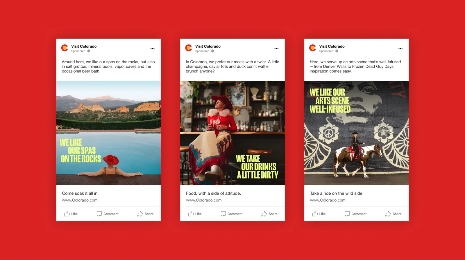Three travel posters featuring diverse cultural scenes on a red background.