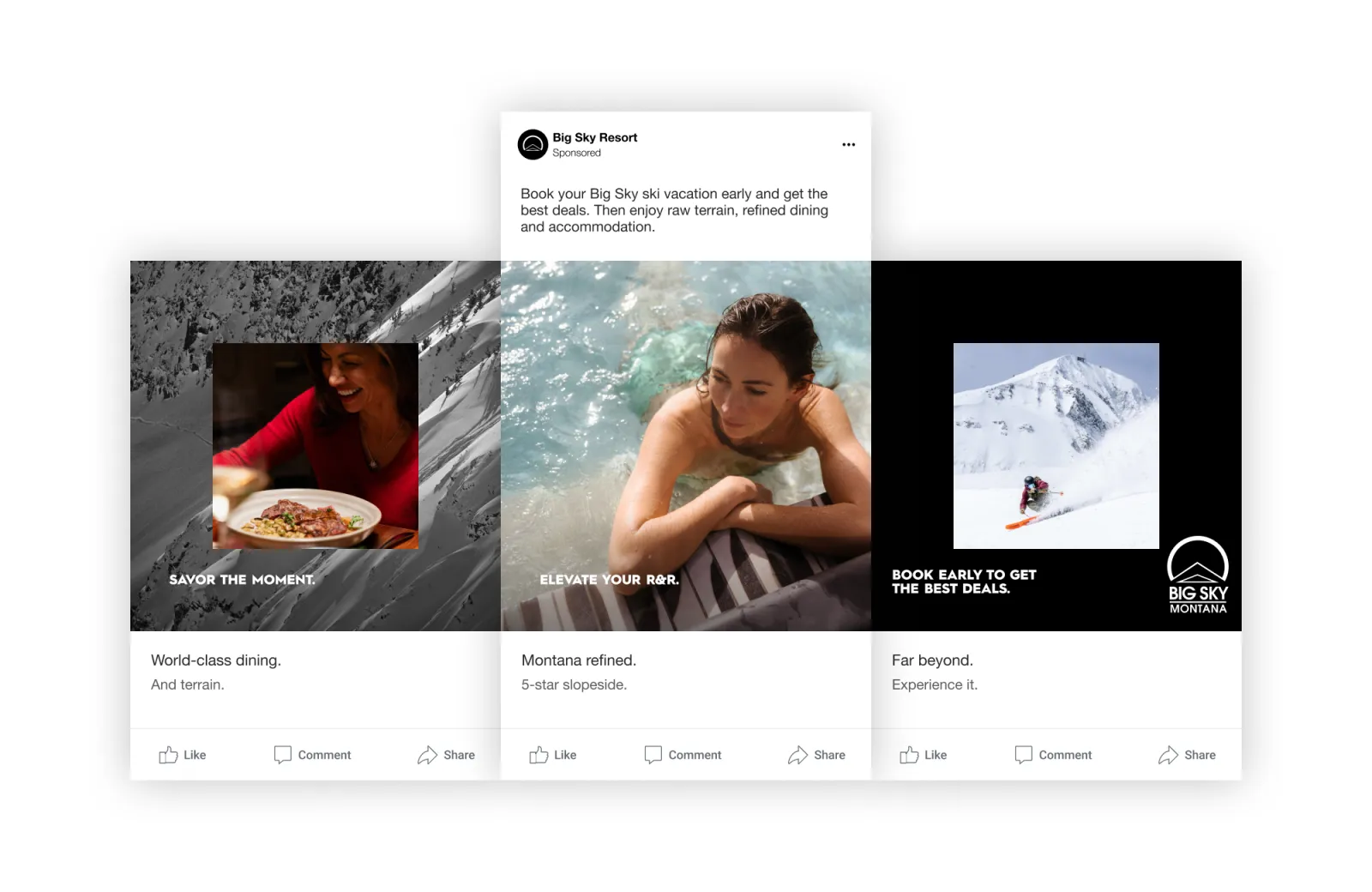 Three social media posts: woman eating, woman in water, and ski slope scene.