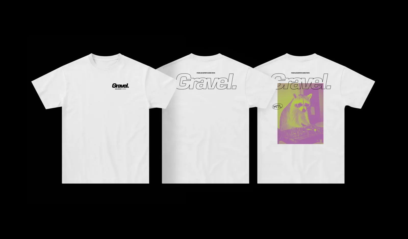 White T-shirt, front and back views; vibrant graphic design on the back.