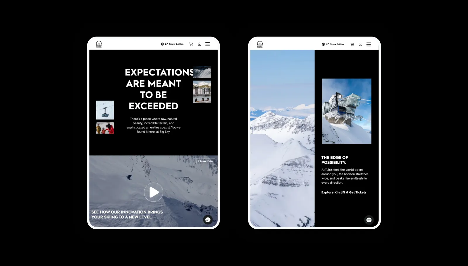 Two-page magazine layout; left page with text and thumbnails, right page with skier photo.