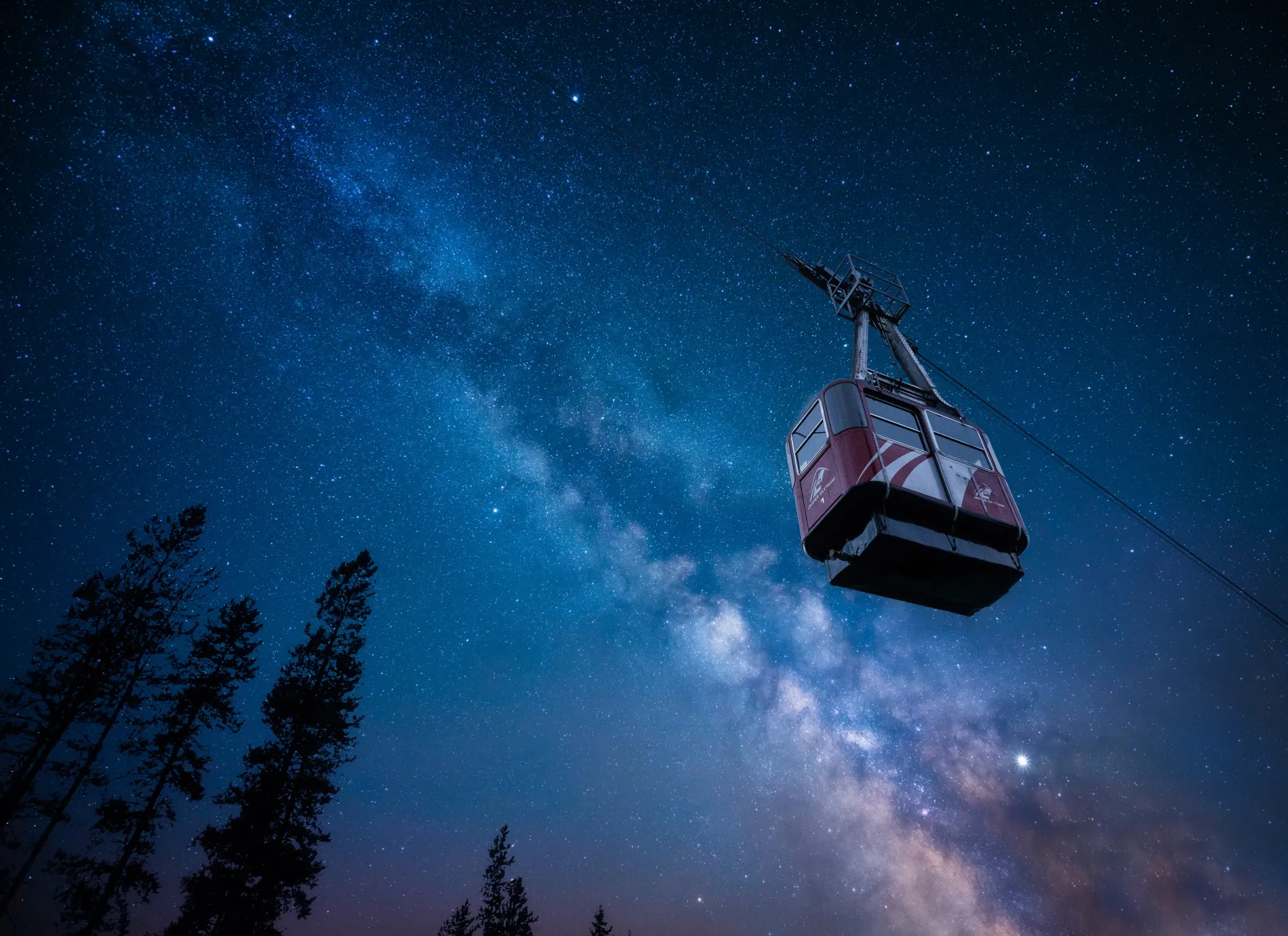 Gondola rising in starry night sky