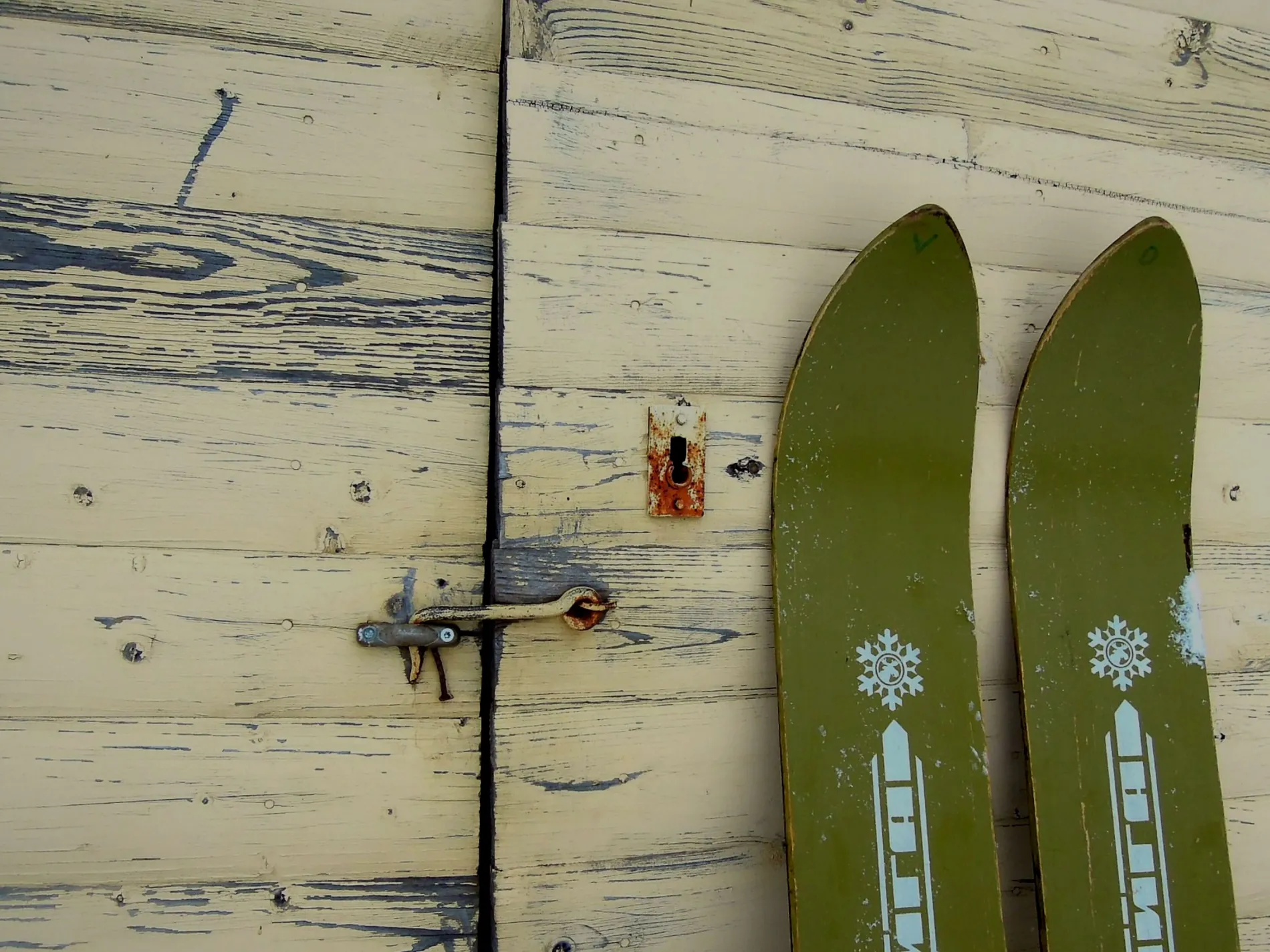 Old skis leaning on the wood wall