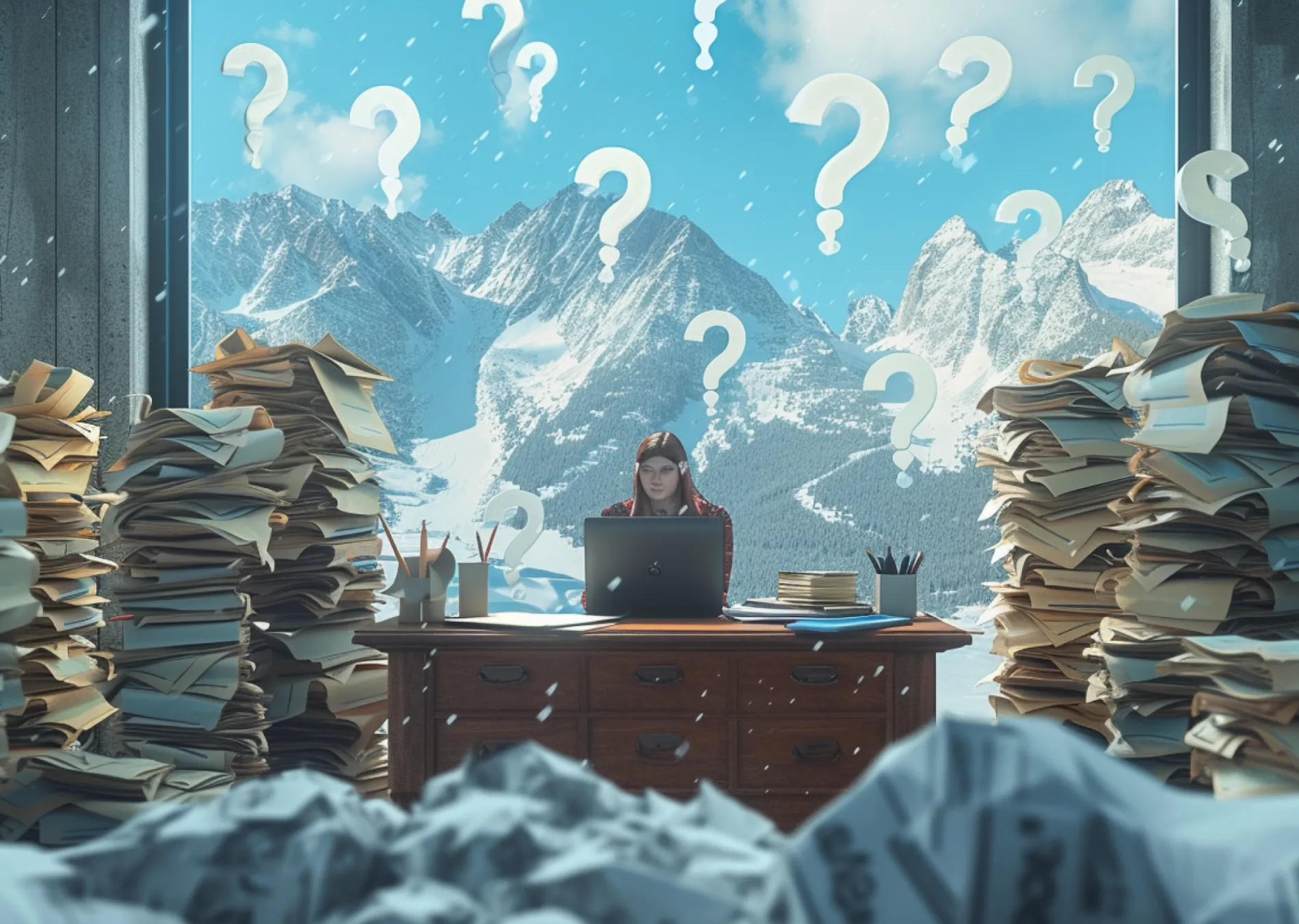 An AI generated image of a person sitting at a desk in the mountains with many different marketing plans stacked in piles surrounded in question marks