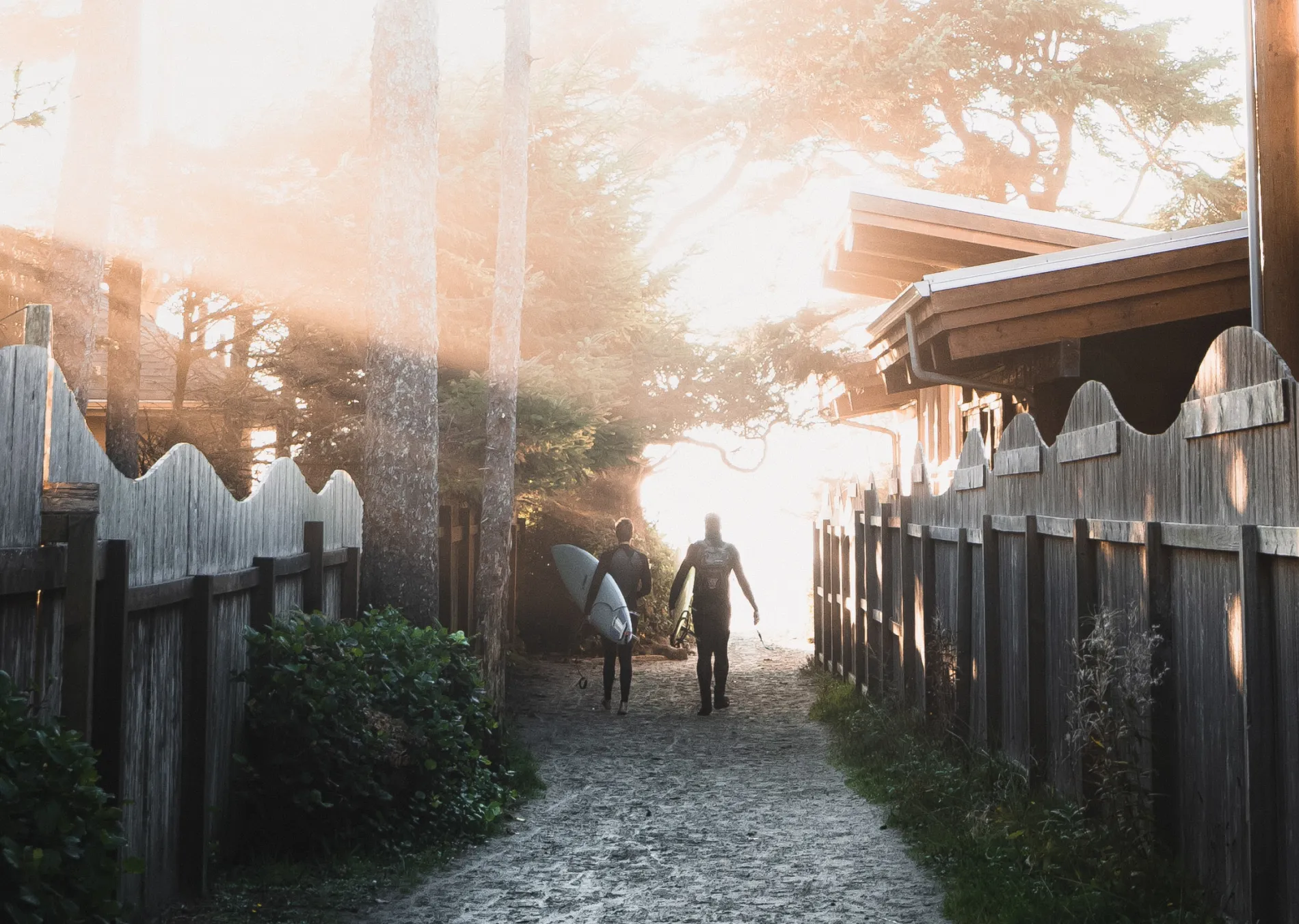 Two surfers walking down a path