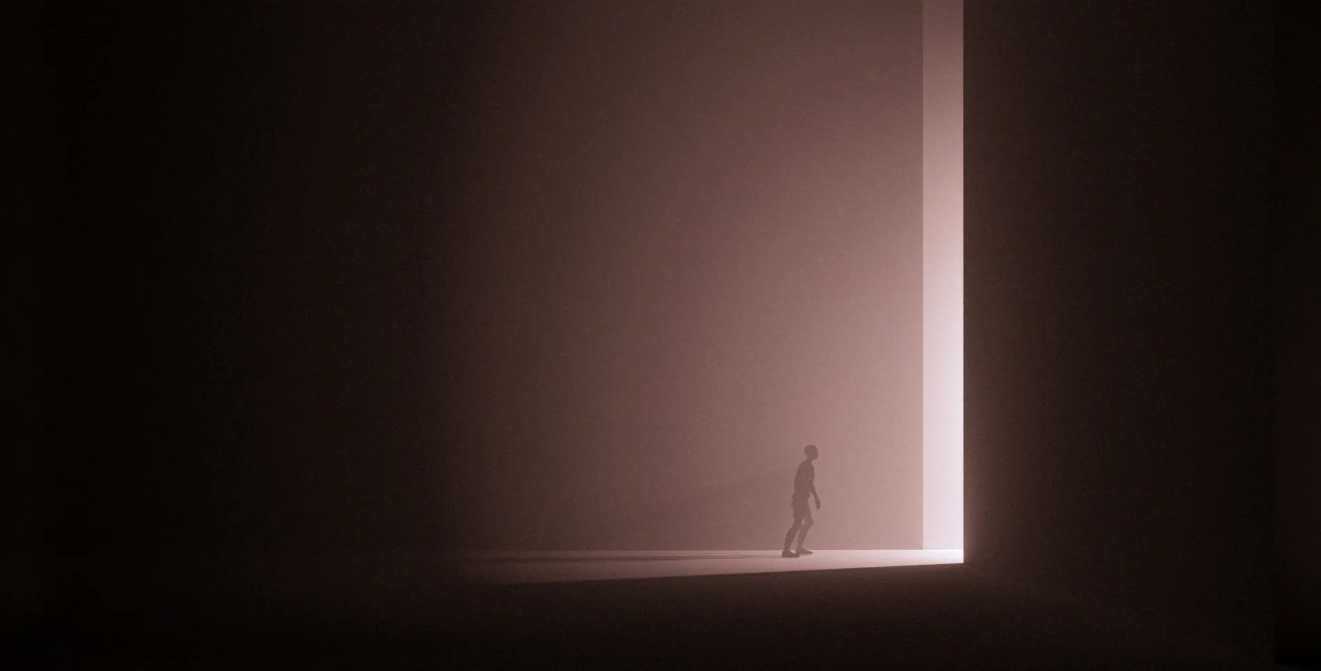Digital rendering of person walking towards a light source